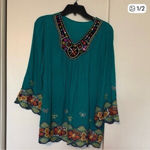 Embellished Teal V-Neck Women's Top